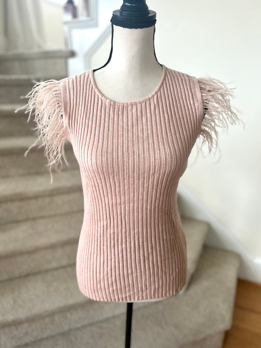Sioni Light Blush Pink Feather Trim Cap Sleeve Tank Top